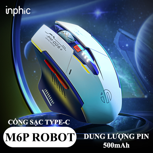 Chuột không dây INPHIC M6P ROBOT kết nối bằng chip USB 2.4GHz thiết kế cực ngầu có đèn led báo hiệu dung lượng pin - Hàng Chính Hãng