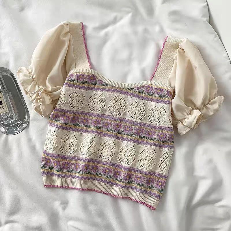Áo kiểu croptop nữ tay ngắn cổ vuông dáng ôm thiết kế len dệt kim phối tay bồng phong cách Hàn Quốc trẻ trung