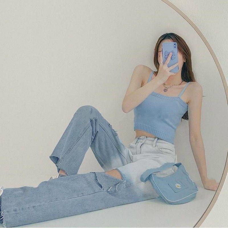 Quần Jean nữ , Baggy ống rộng Ulzzang lưng cao phong cách Retro Jean loang màu, rách gối