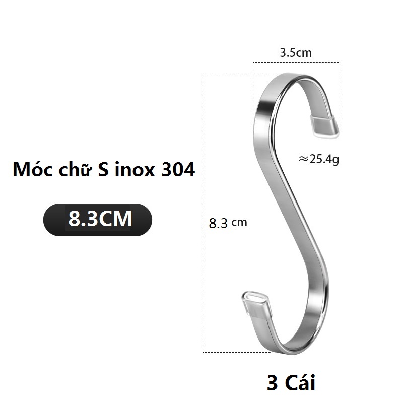 COMBO3 8.3CM Móc chữ S inox 304, tăng chiều rộng và độ dày móc