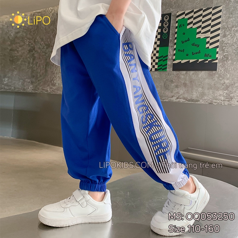 Quần jogger cho bé trai thể thao màu xanh kẻ sọc phong cách Hàn Quốc OQ053