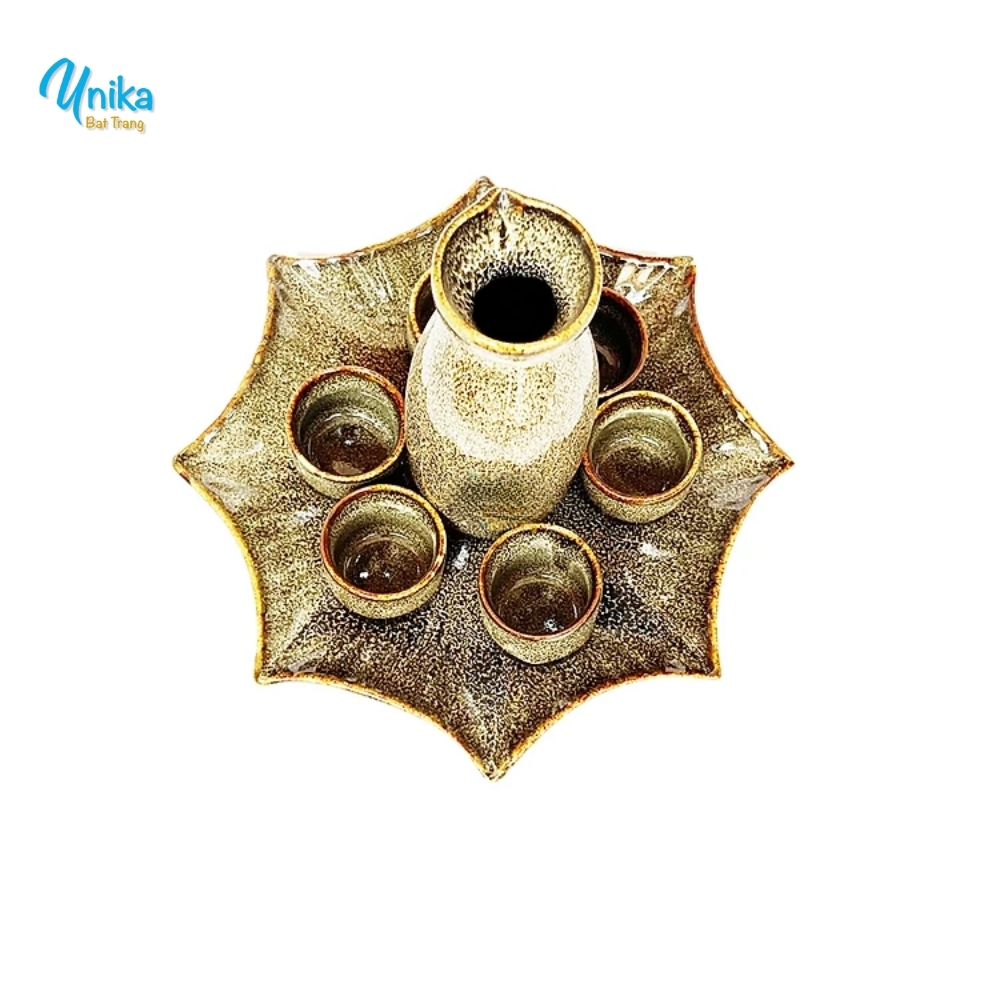 Bộ sake cao men gấm vàng khay quạt - Set sake men hỏa biến - Gốm Unika Bát Tràng