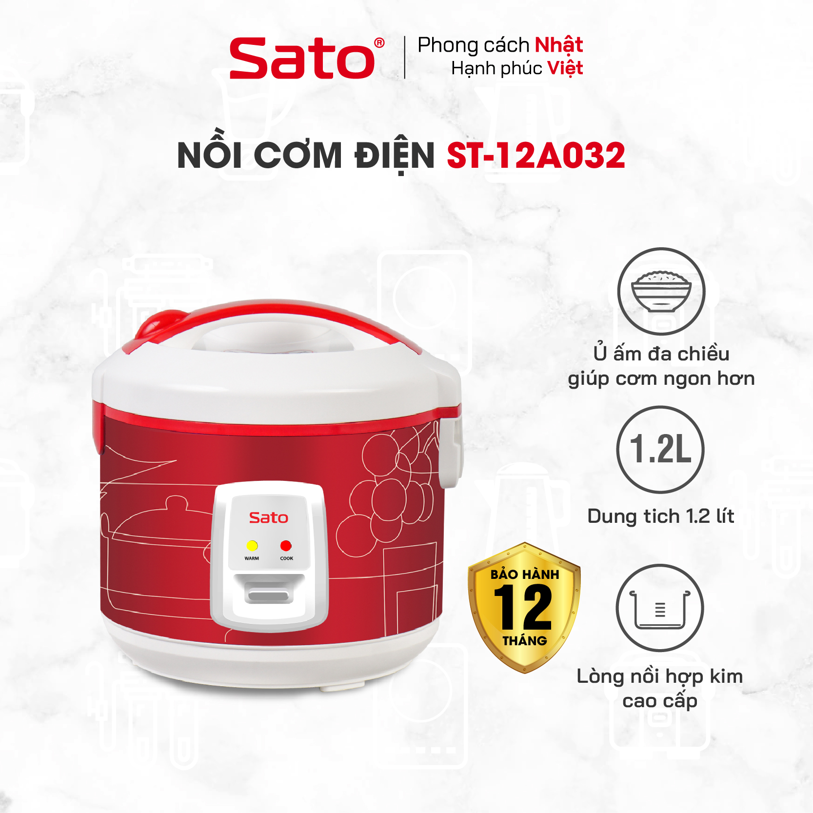 Nồi Cơm Điện SATO 12A032 1.2L - Lòng nồi hợp kim nhôm phủ chống dính cao cấp, an toàn cho sức khỏe - Miễn phí vận chuyển toàn quốc - Hàng chính hãng