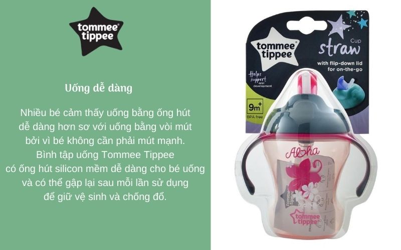 Bình tập uống có ống hút cho bé Tommee Tippee Training Straw 230ml từ 9 tháng - Hồng