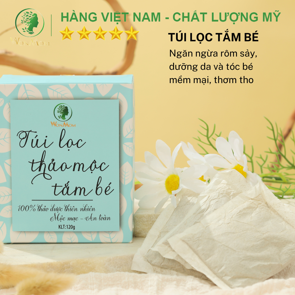 Hình ảnh Túi lọc thảo mộc tắm bé ngăn ngừa rôm sảy, dưỡng da và tóc bé mềm mại Wonmom 120g ( 10 Túi/ Hộp )