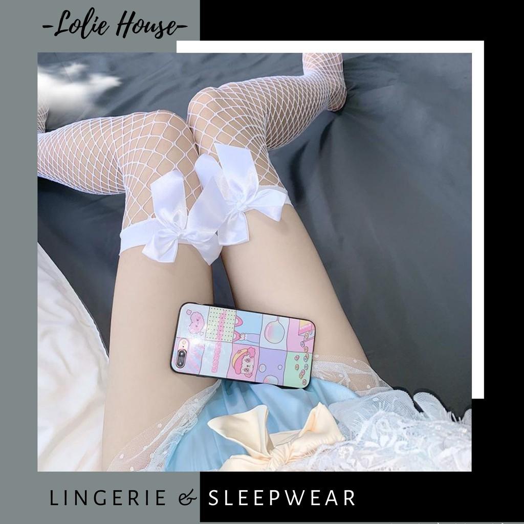 Tất đùi lưới nhỏ đính nơ sexy ️ Tất đùi lưới nhỏ trơn màu đính nơ cute QT2 - Lolie House