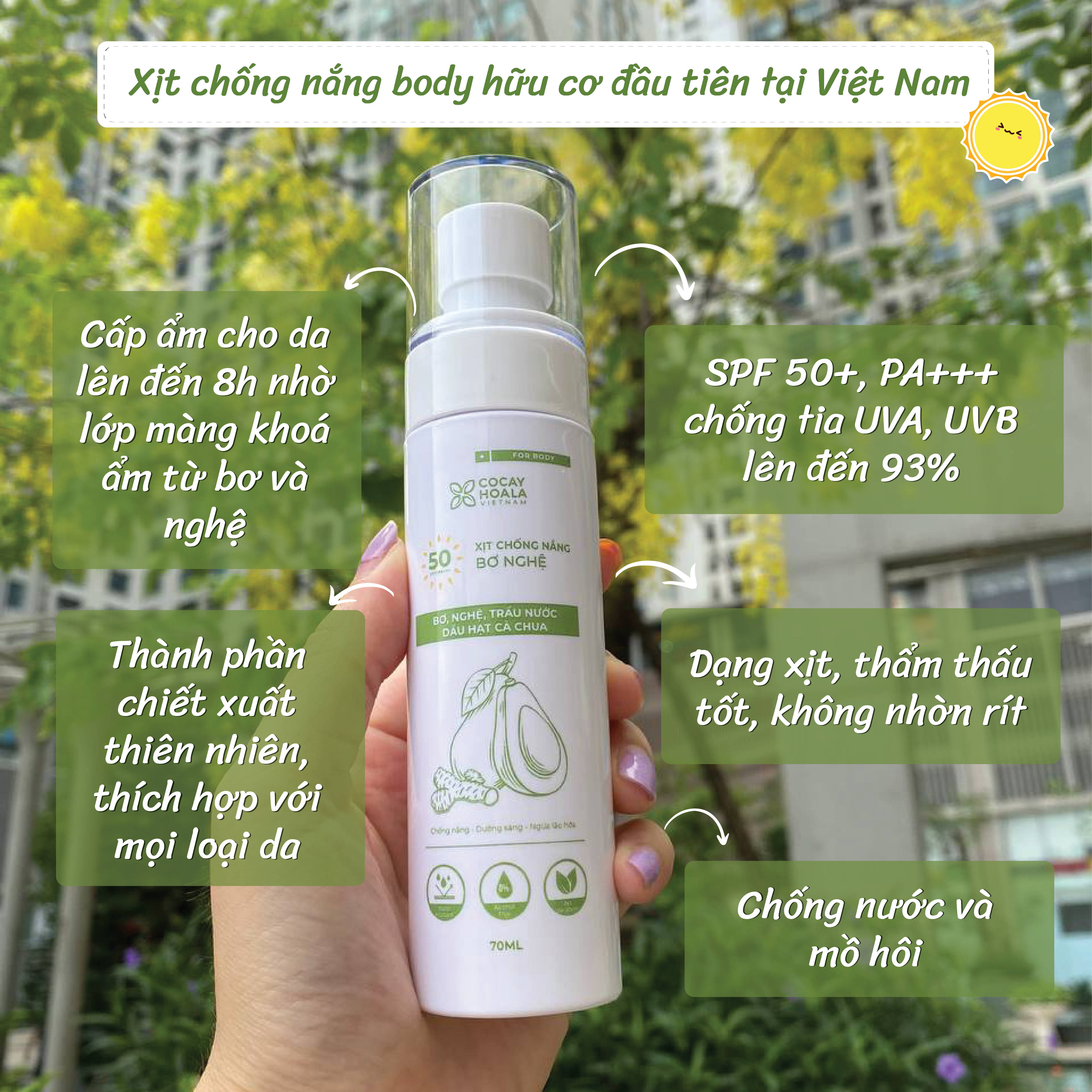 Xịt Chống Nắng Body Bơ Nghệ COCAYHOALA SPF 50+ 70ml