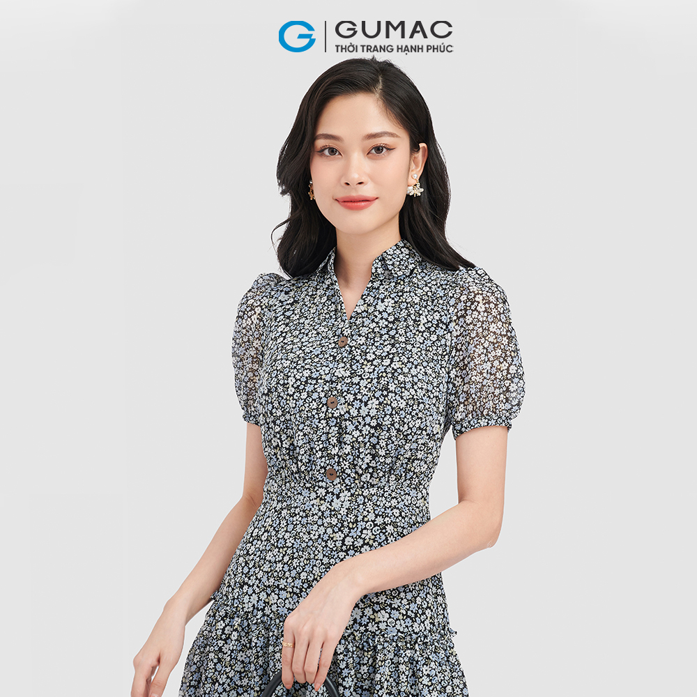 Đầm form A GUMAC DC08131 đầm tay ngắn họa tiết phối nút