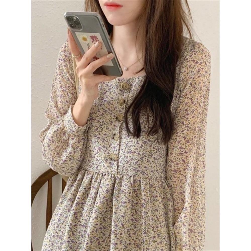Váy babydoll hoa nhí dáng xòe, đầm họa tiết vintage Hàn quốc, phù hợp đi làm, đi chơi, dự tiệc SANMAY VD008