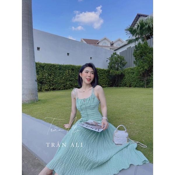 Đầm 2 dây nhún TRẮNG ĐỎ XANH