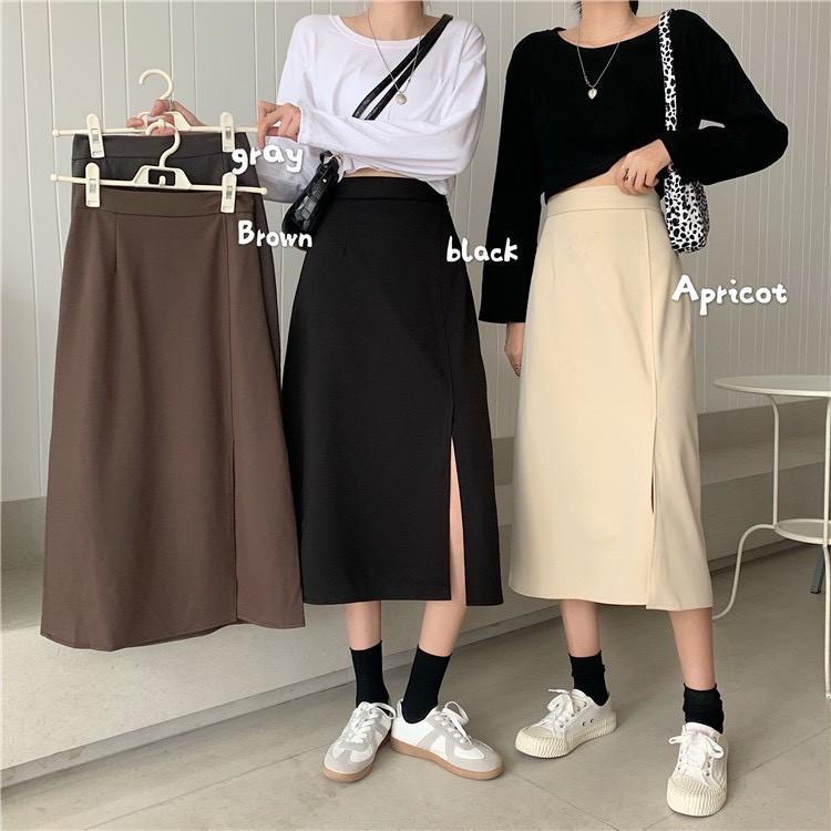 Chân váy dài ulzzang midi mặc qua gối xẻ tà - Kiểu chân váy công sở màu đen dài cạp cao vải tuyết mưa mặc đi làm chơi