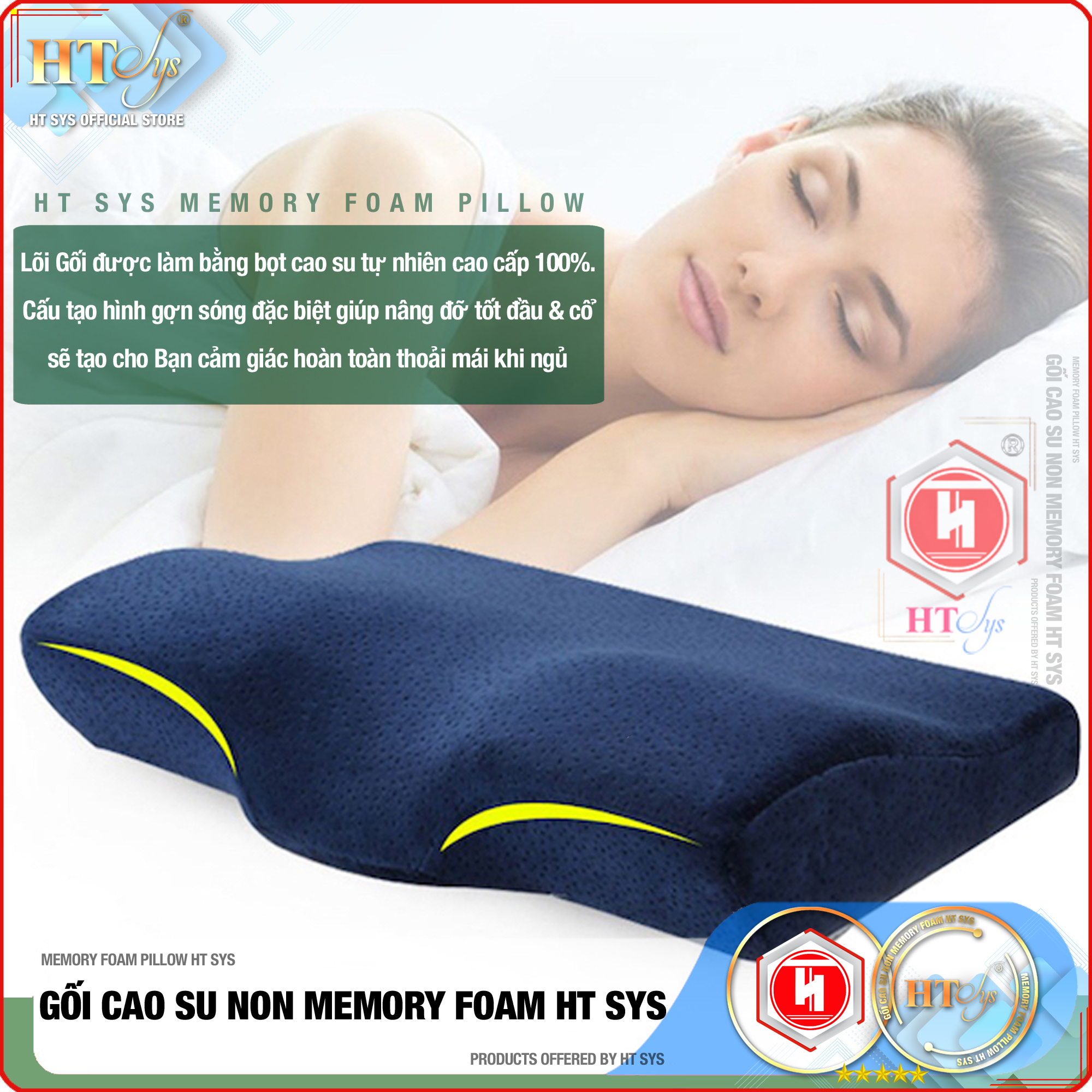 Gối cao su non Memory Foam Pillow công nghệ Nhật Bản - Giúp Ngủ Nhanh - Chống thoái hoá đốt sống cổ - HT SYS - [ Hàng Nhập Khẩu