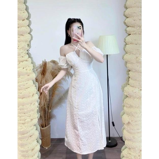 Đầm midi rớt vai cup ngực khoét dây cổ yếm