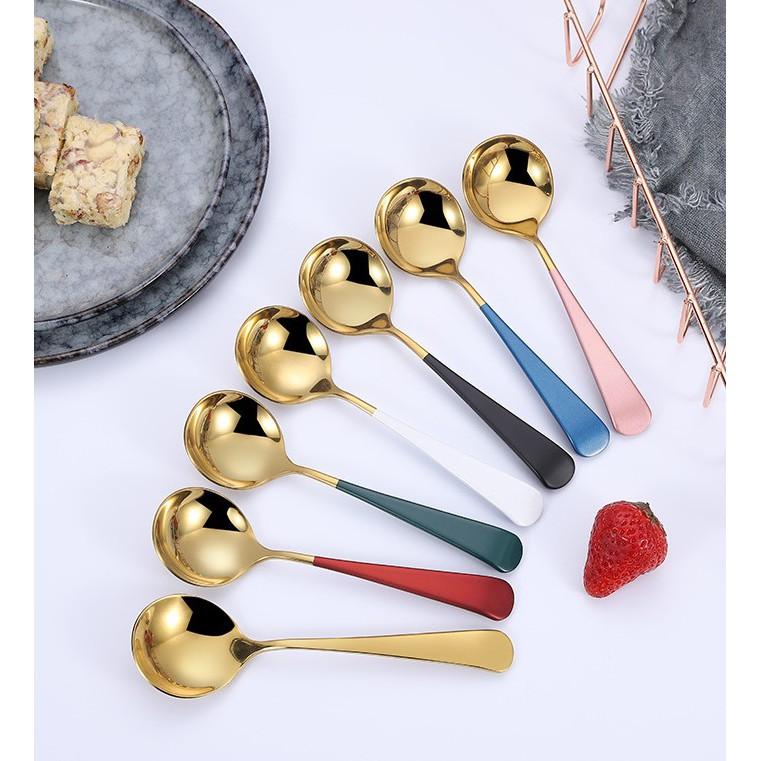 Thìa Inox Mạ Vàng Ăn Cơm Khuấy Cà Phê Cán Dài Nhiều Màu Sang Trọng