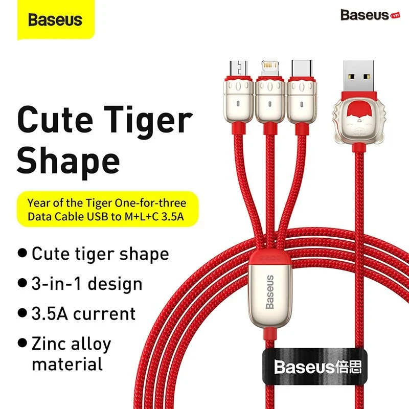 Cáp sạc đa năng Baseus Year of the Tiger One-for-three Data Cable USB to M+L+C 3.5A - hàng chính hãng