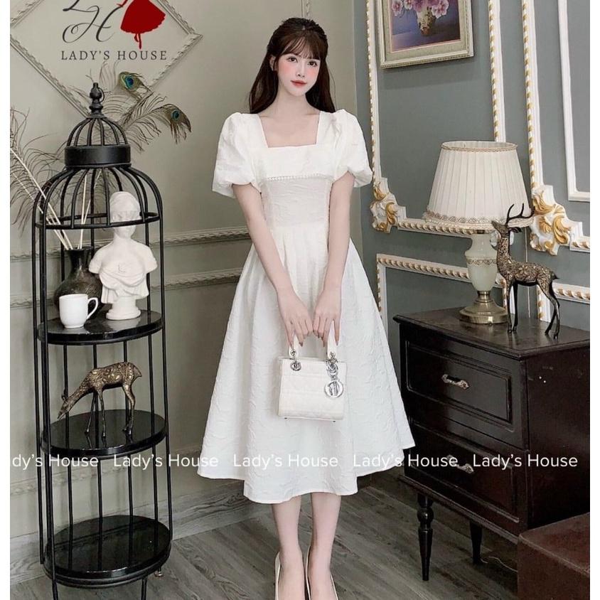 Đầm tay bồng cổ vuông viền ngực,váy đầm thiết kế dáng xòe chất liệu gấm xốp tiểu thư dự tiệc dạo phố Kgia fashion