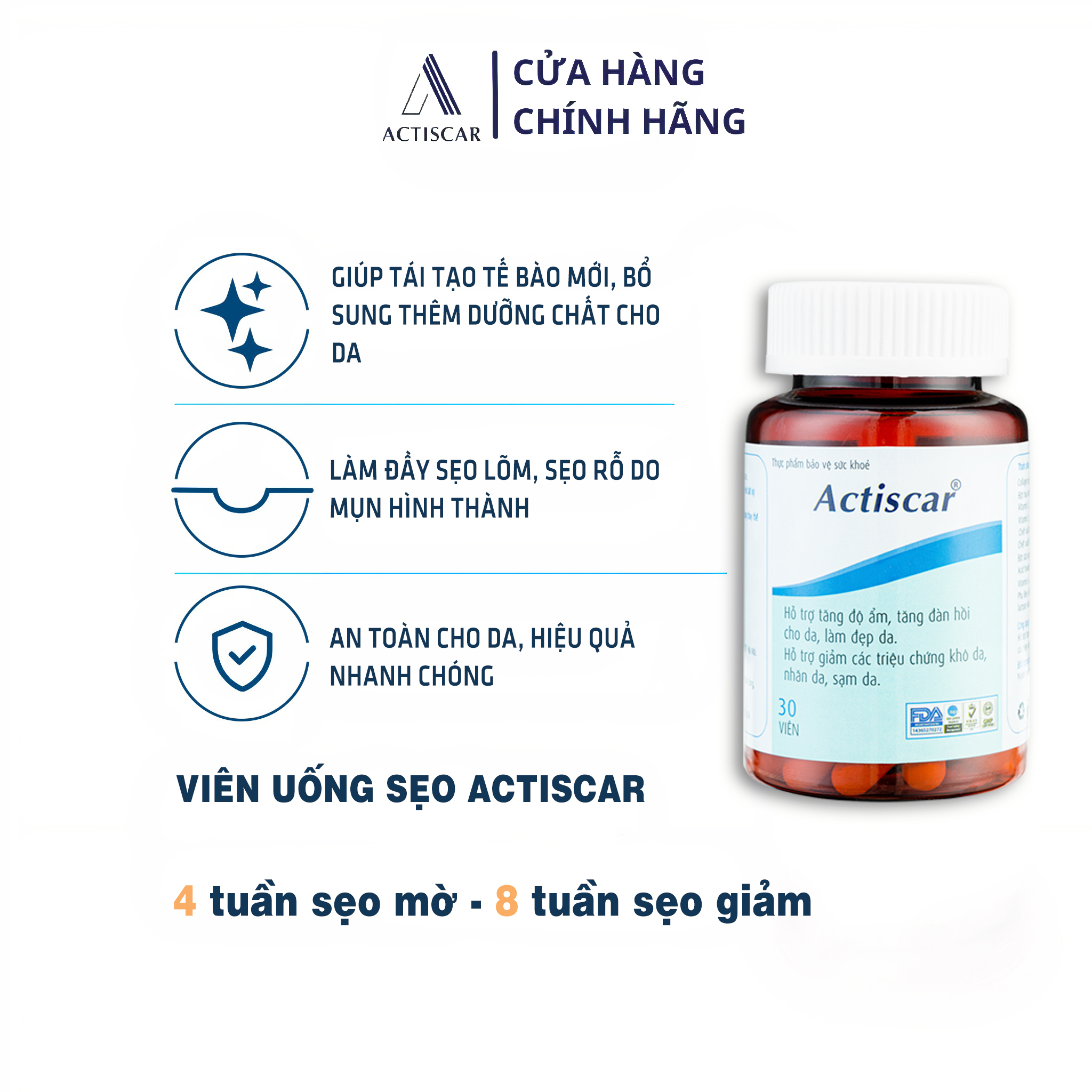 Hỗ Trợ Trị Sẹo Actiscar gồm Kem + Serum + viên uống làm mờ sẹo Lồi, Lõm , Rỗ Thâm