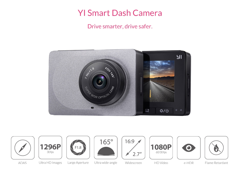 Camera hành trình xe ô tô Xiaomi Yi 2K 1296p - YI Smart Dash Camera - Phiên bản Up tiếng Anh -Hàng Chính Hãng