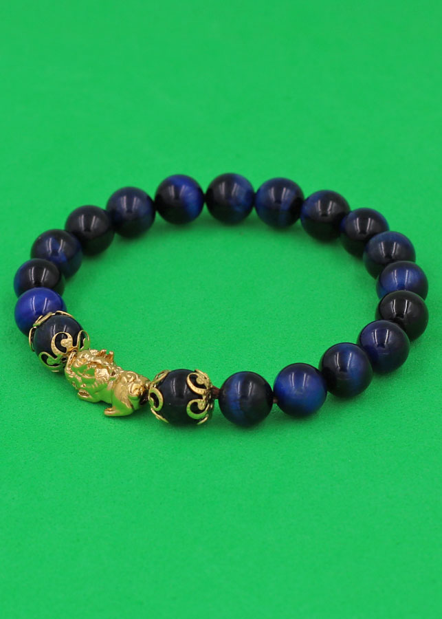 Vòng đeo tay Đá Mắt Hổ Xanh Đen 8 ly - cẩn Tỳ Hưu Phong Thủy inox vàng VMHXETHHKV8 - hợp mệnh Mộc, mệnh Thủy