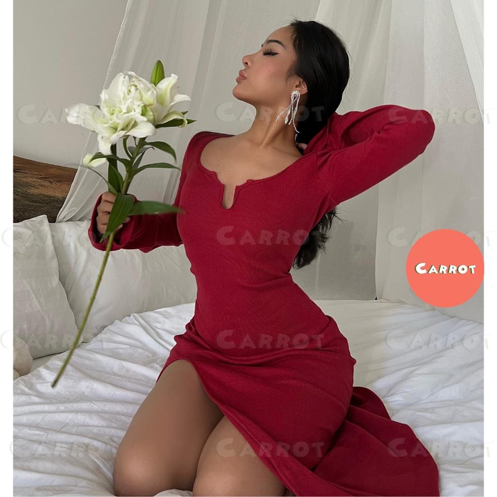 Đầm body tay dài đỏ đi tiệc sang chảnh tôn dáng khoét ngực sexy freesize chất co gĩan carrotxinhdep