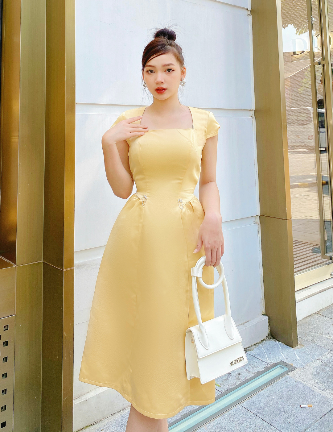 Đầm xòe cổ vuông phối phụ kiện eo dễ thương D056- Lady Fashion