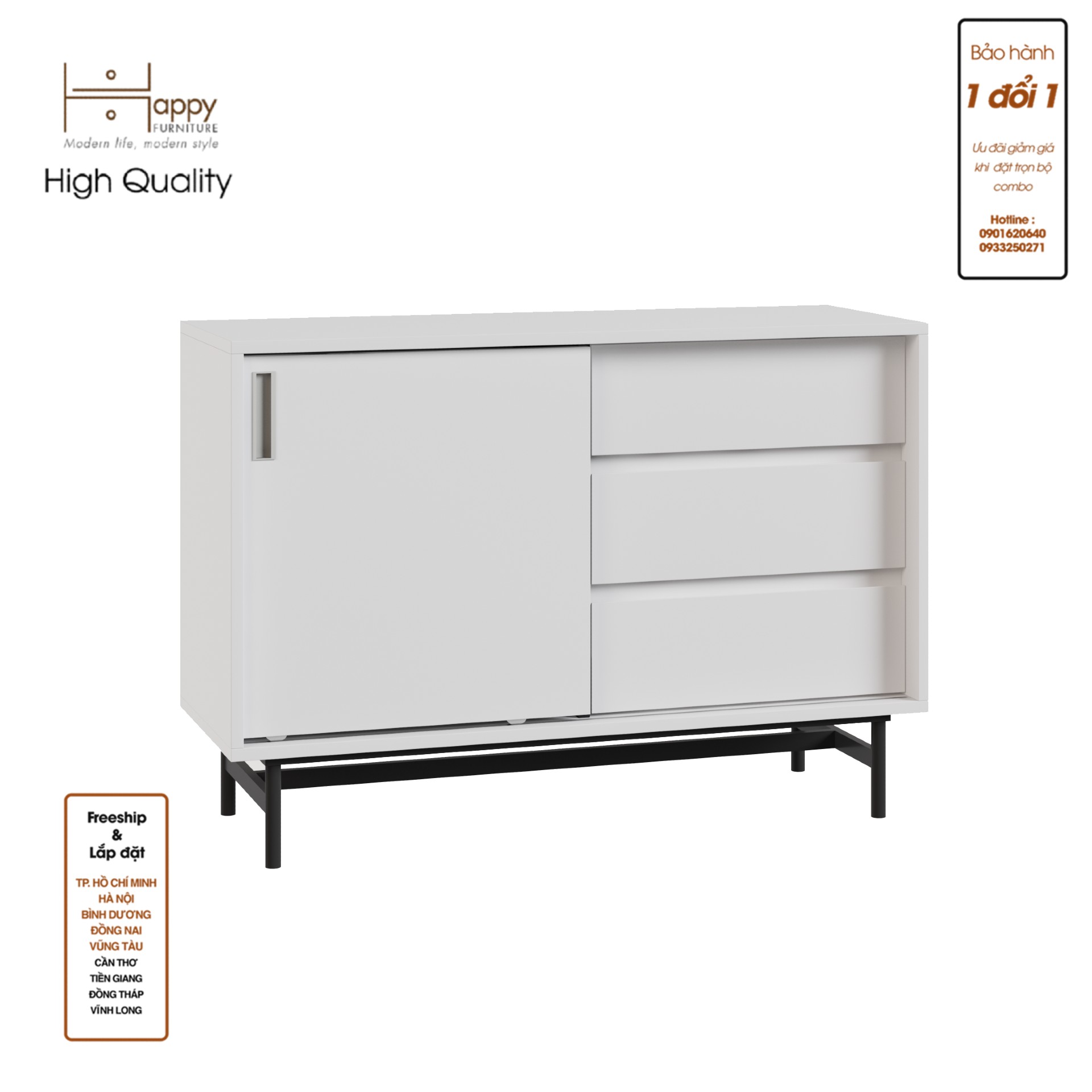 [Happy Home Furniture] LUCA, Tủ lưu trữ cánh lùa 3 ngăn kéo - Chân sắt, 100cm x 36cm x 70cm ( DxRxC), TCL_019