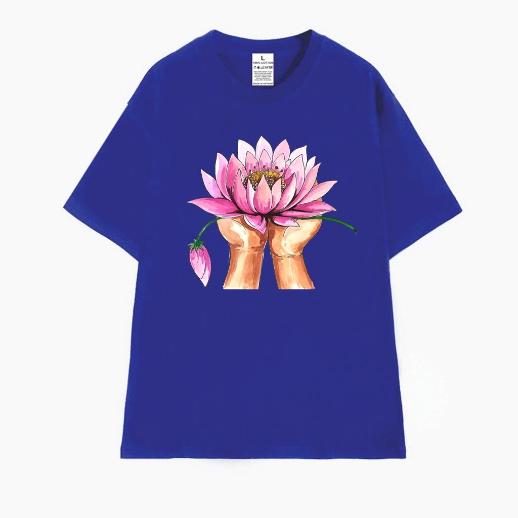 Cao cấp - Áo thun oversize hình vẽ màu nước đôi tay dâng hoa Sen lotus shirt BND553