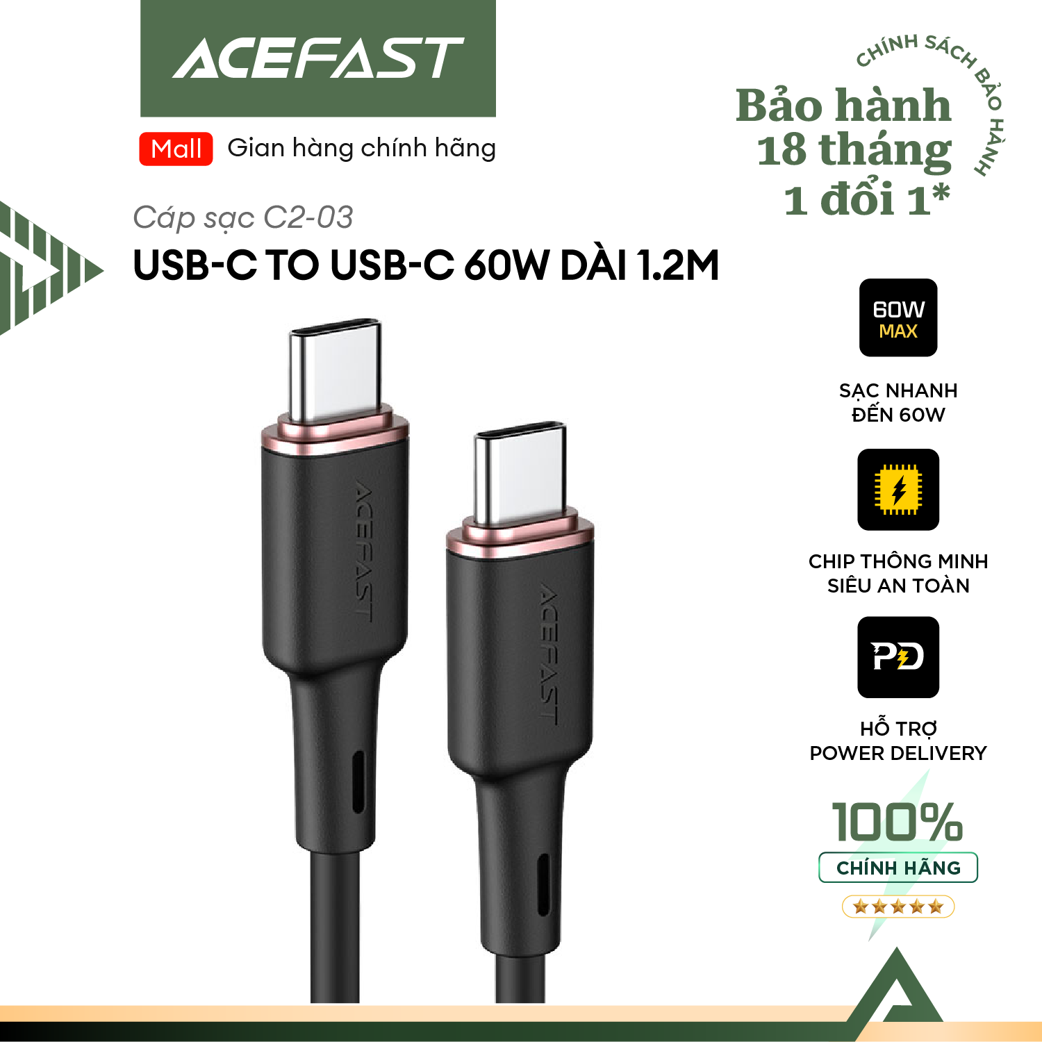 Cáp Acefast USB-C to USB-C - C2-03 Hàng chính hãng Acefast
