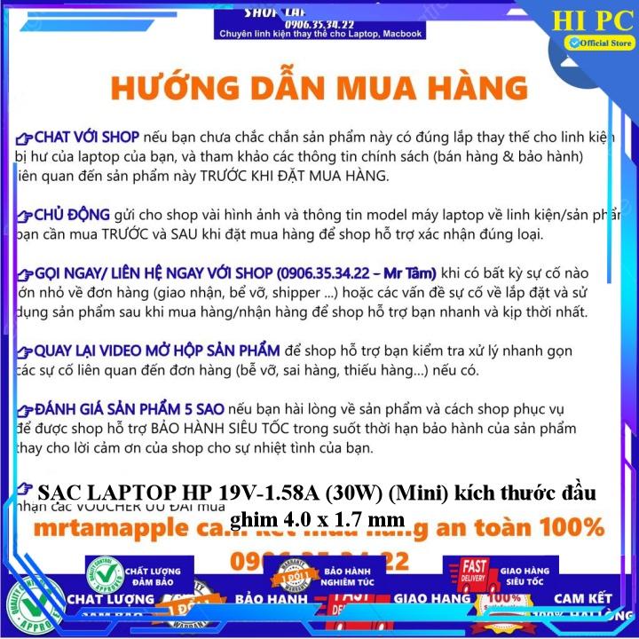 SẠC LAPTOP HP 19V-1.58A kích thước đầu ghim 4.0 x 1.7 mm - Kèm Dây nguồn - Hàng Nhập Khẩu