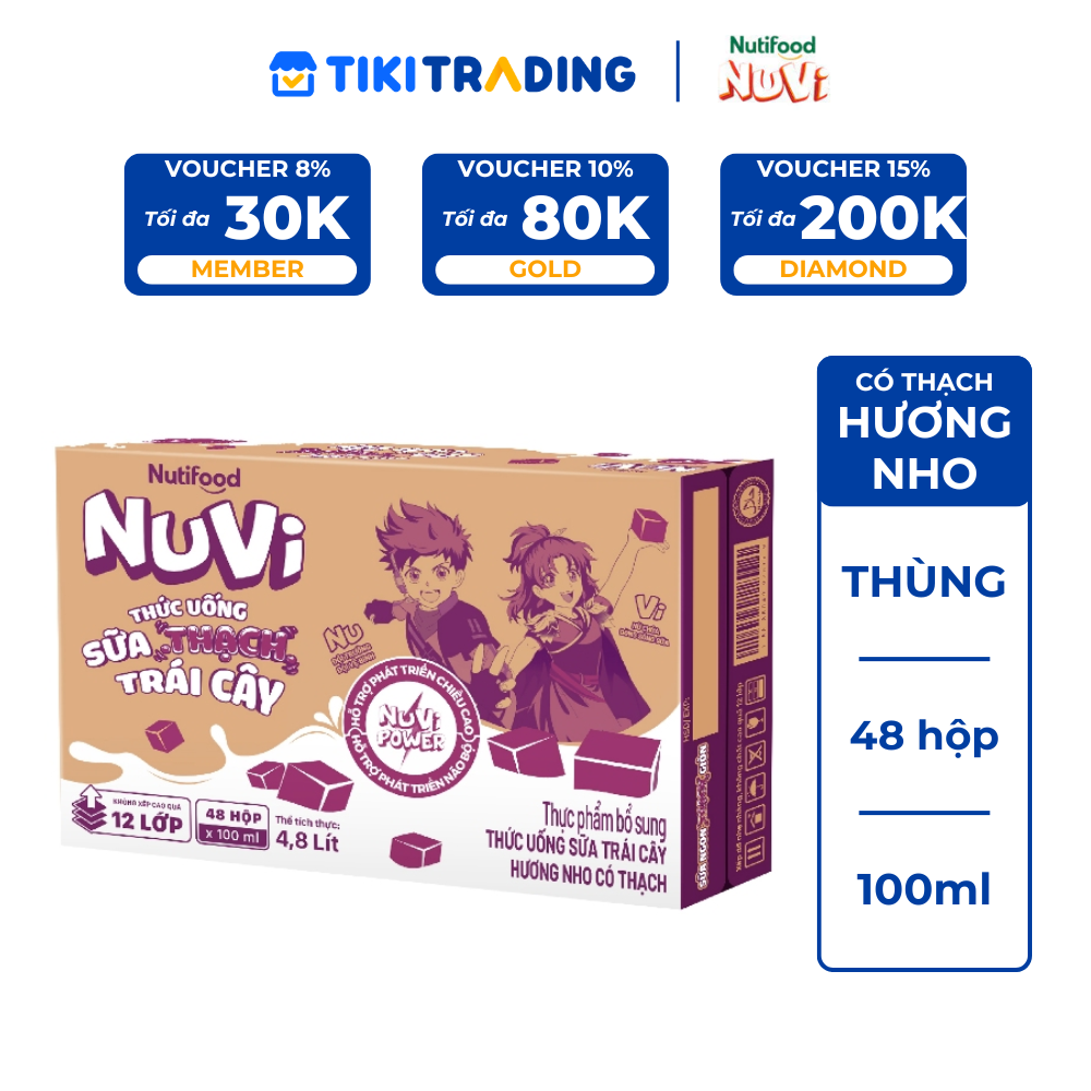 Thùng 48 Hộp Thức Uống Sữa Trái Cây Có Thạch NuVi Hương Nho 100ml