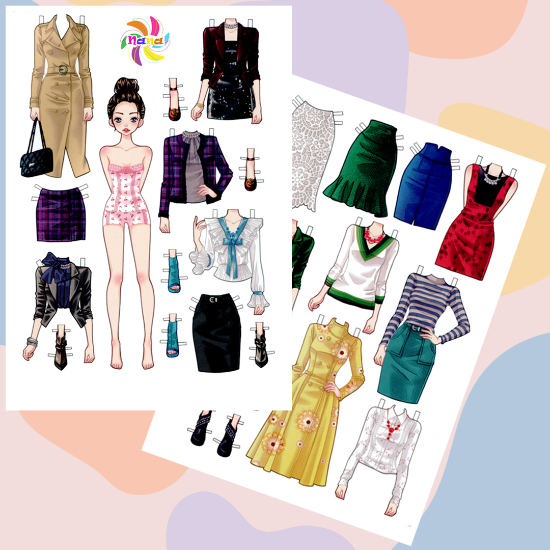 Búp bê giấy (paper doll) thay đồ phong cách Hàn Quốc giấy cắt thủ công cho bé Combo 6 hình siêu đáng yêu BBG0018