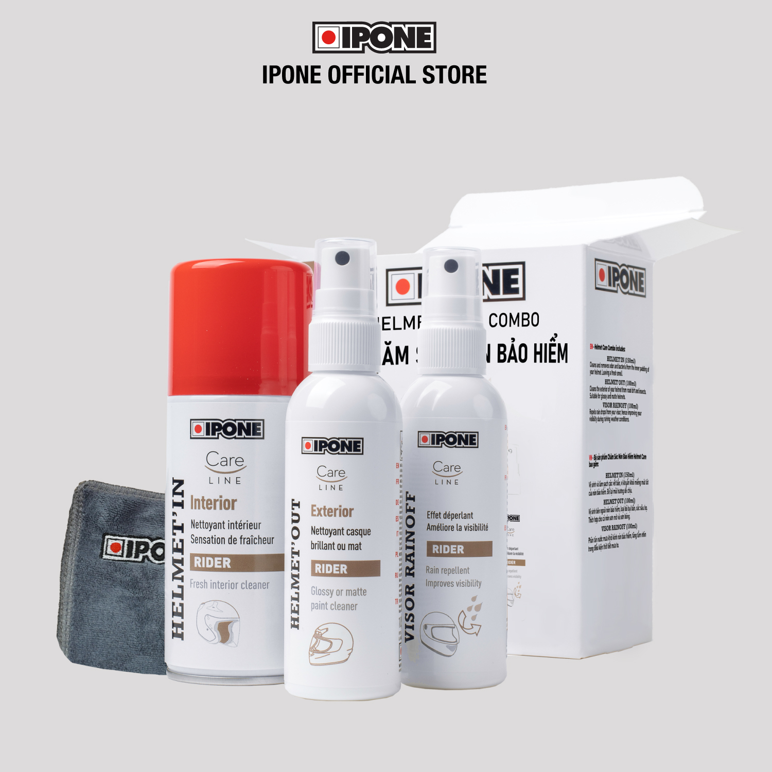 Bộ vệ sinh, khử mùi, chăm sóc mũ nón bảo hiểm và kháng nước kính chắn gió Ipone Helmet Care Combo