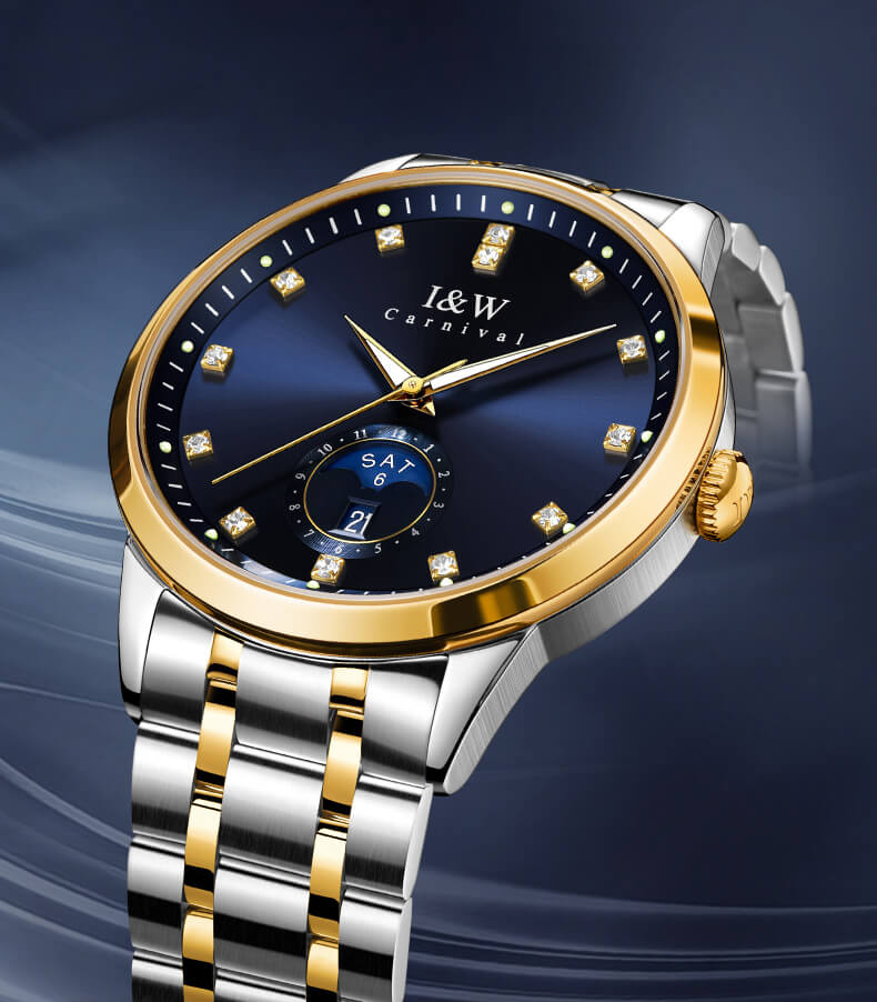 Đồng hồ nam chính hãng I&amp;W Carnival 625G-T2 hàng mới fullbox,kính sapphire,chống xước,chống nước 50m,Bh 24 tháng,máy cơ (automatic),mạ vàng dây thép không gỉ