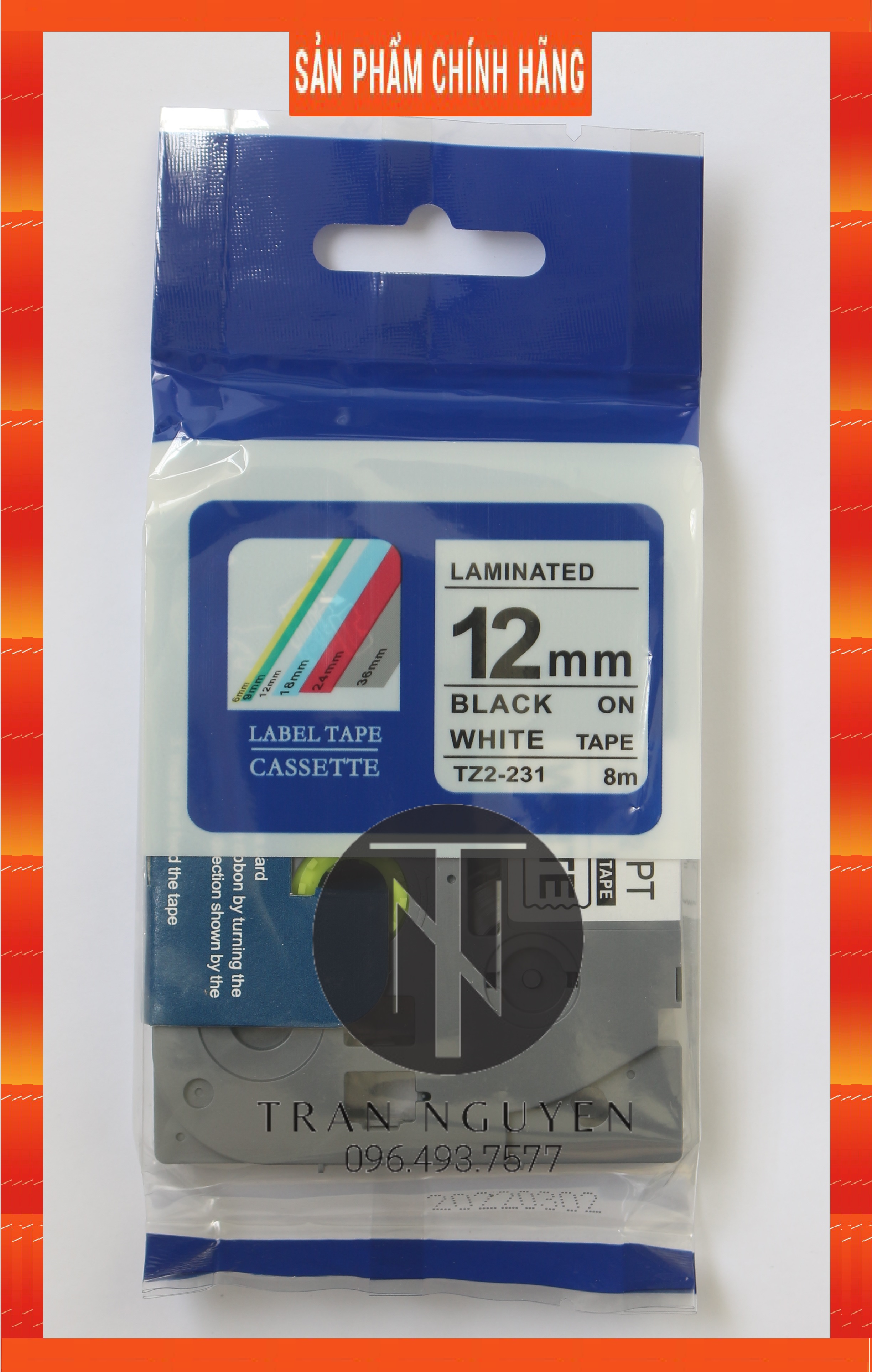 [Combo 3 hộp] Nhãn In đa lớp Tz2-231 - Đen nền trắng 12mm x 8m - Hàng nhập khẩu