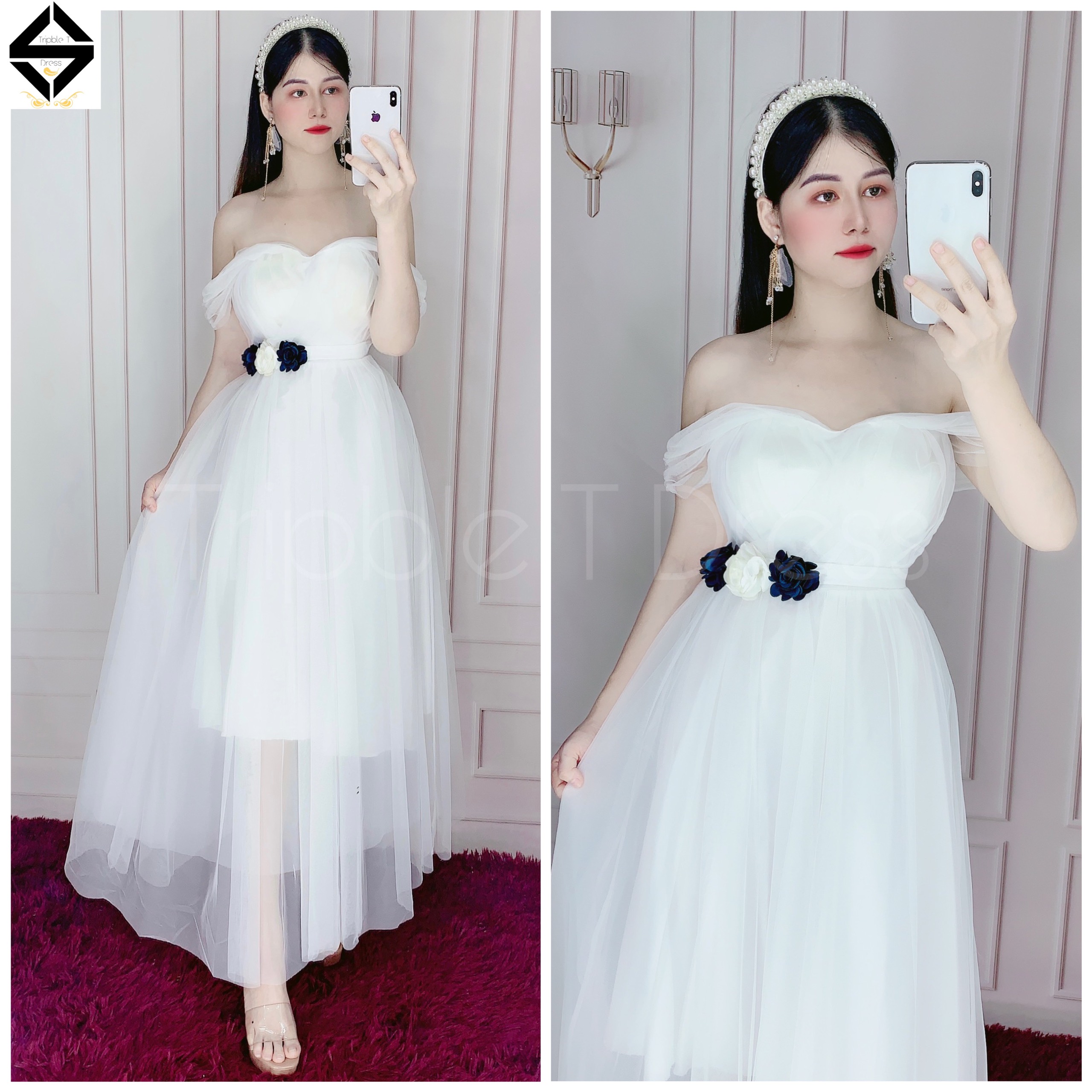 Đầm xoè dự tiệc rớt vai lưới siêu xinh TRIPBLE T DRESS -size L/XL - MS37V