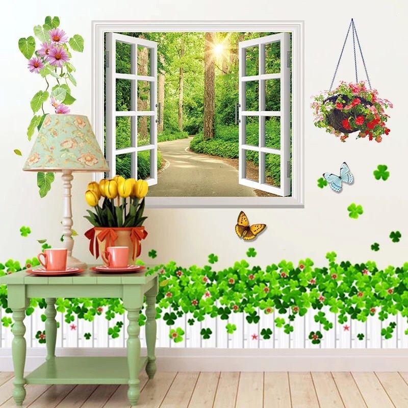 decal dán tường cửa sổ xanh và chân cỏ may mắn