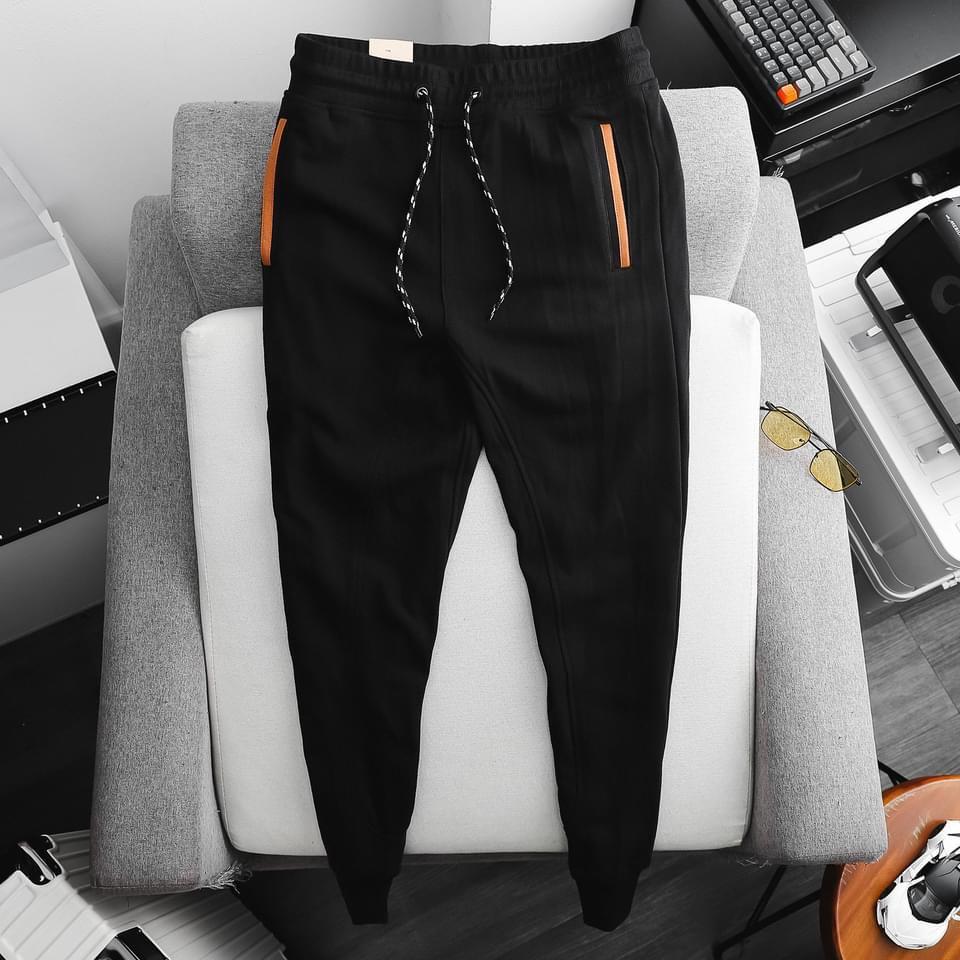 Quần thun dài jogger nam màu đen bigsize 90 - 130kg - cách điệu túi viền cam, dây luồng quần thời thượng