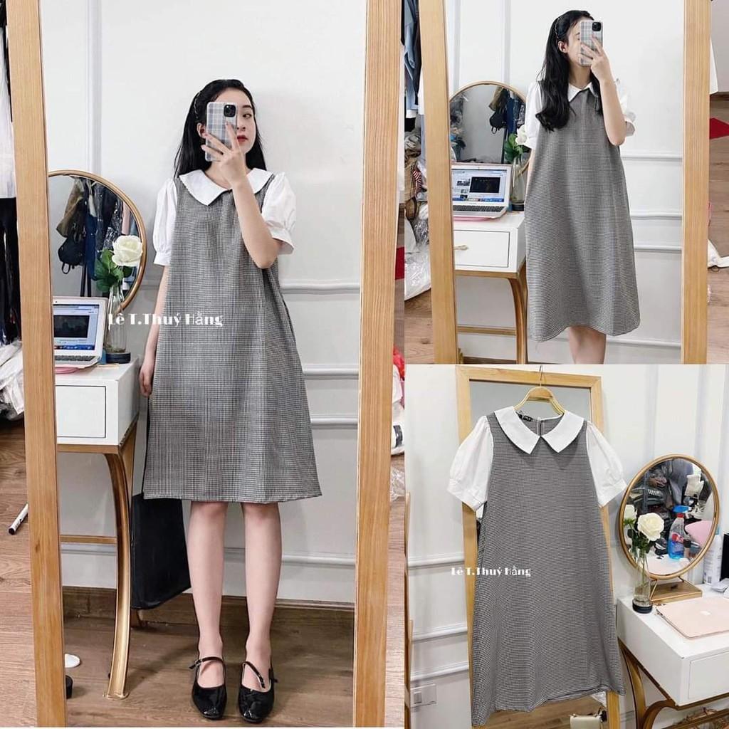 Váy bầu thời trang thiết kế kẻ caro chất thô freesize từ 45 đến 70kg