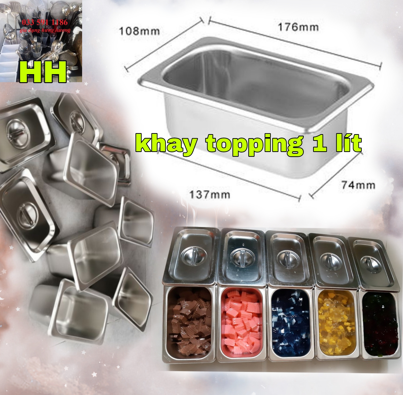 GIÁ SỈ TẠI XƯỞNG Khay vuông chữ nhật 1/6 - 1,2 lít Đựng Topping chè trân châu thạch Inox (Có Nắp)