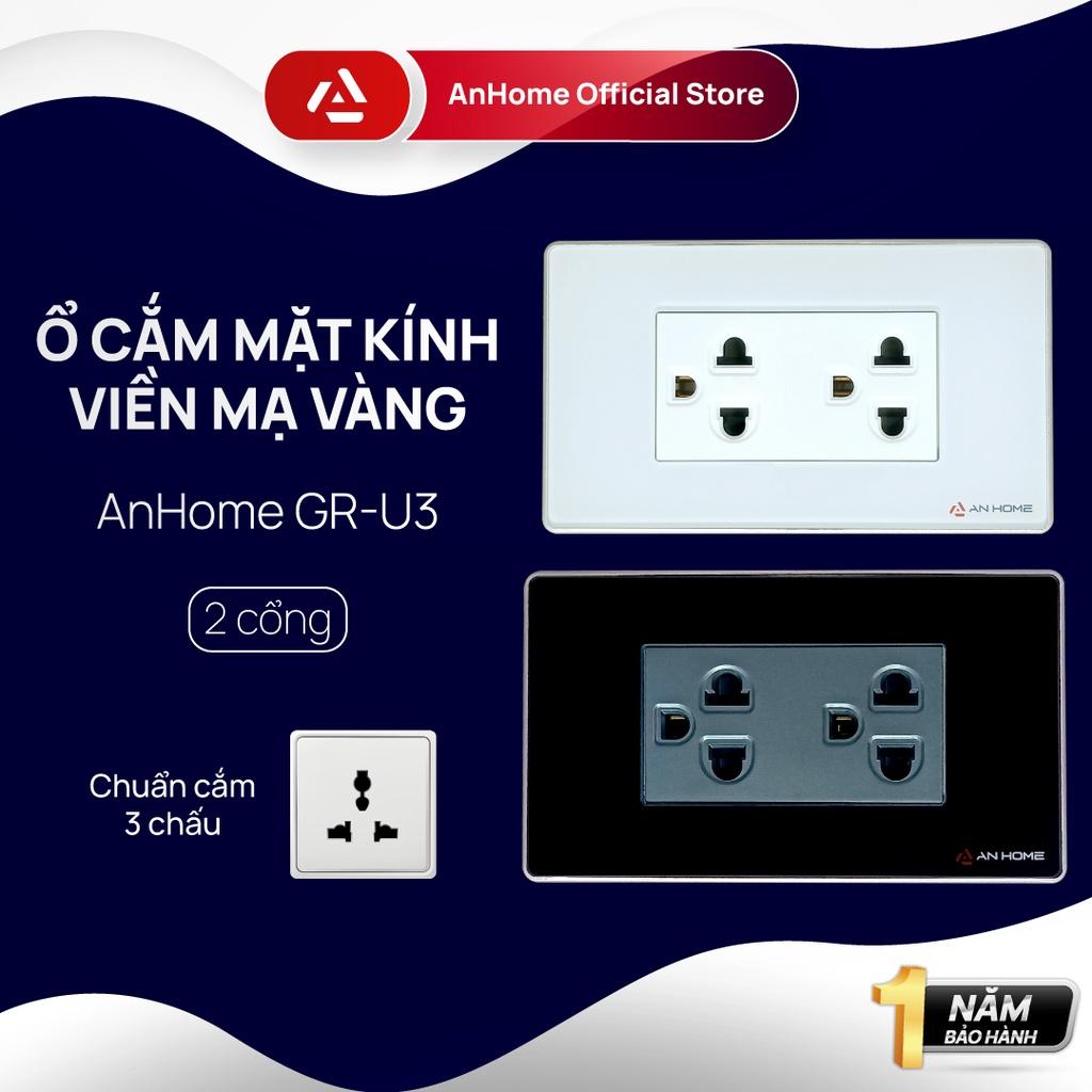 Ổ cắm điện mặt kính cường lực chữ nhật 3 chấu viền mạ Champagne AnHome GR-U3