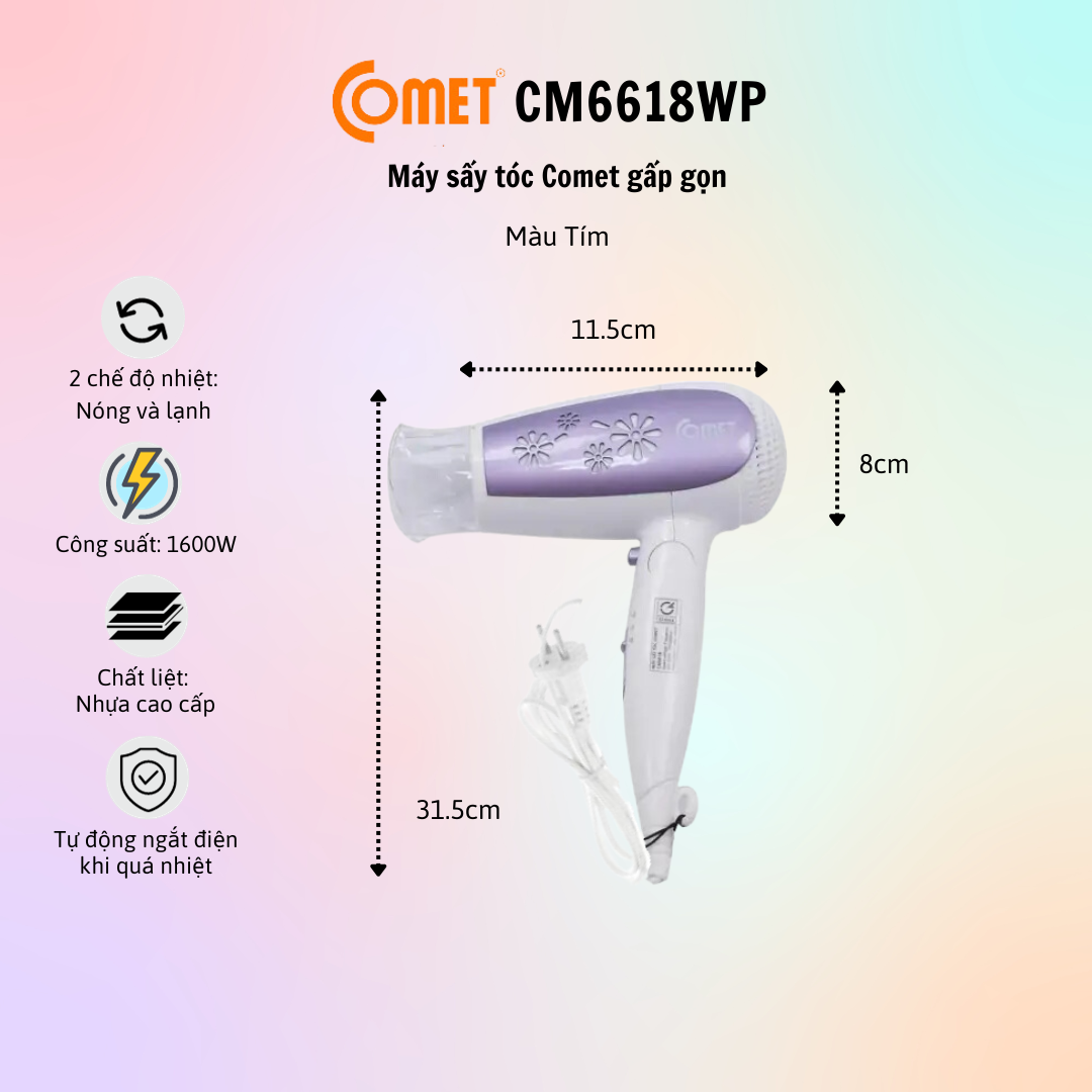 Máy sấy tóc gấp gọn 1600W COMET CM6618 - Hàng Chính Hãng - Bảo Hành 12 Tháng
