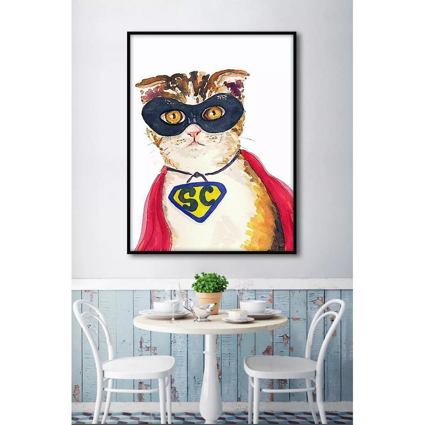Tranh canvas Chú mèo Superman trang trí nghệ thuật