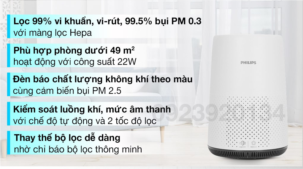 Máy loc không khí bụi mịn, diện tích 49m2 Philips AC0820/10 - Hàng Chính hãng