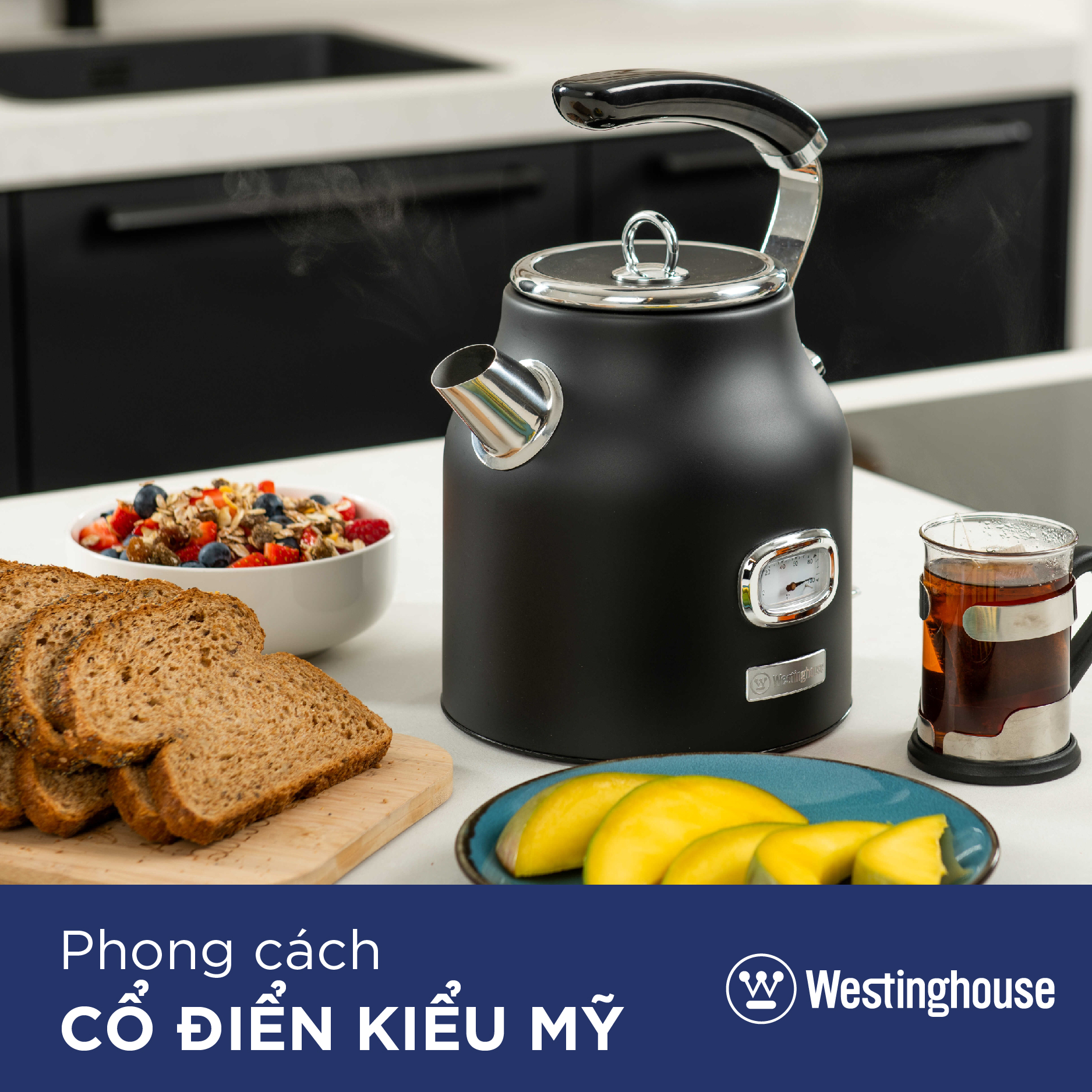 Ấm bình đun siêu tốc WestingHouse WKWKH148 Phong cách cổ điển Mỹ - Dung tích 1.7L Công suất 2200W - Hàng chính hãng Mỹ