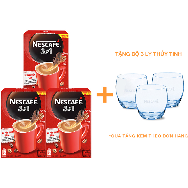Combo 3 hộp cà phê hòa tan Nescafé 3in1 vị nguyên bản - công thức cải tiến (Hộp 20 gói) - [Tặng bộ 3 ly thủy tinh]