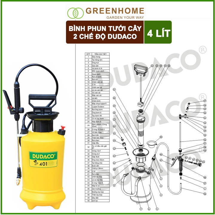 Bình Tưới Cây Dudaco, GreenHome, 4 Lít, Phun Xa 2 Chế Độ, Bơm Nhẹ Tay, Tưới Cây Phun Sương, Bền, Đẹp