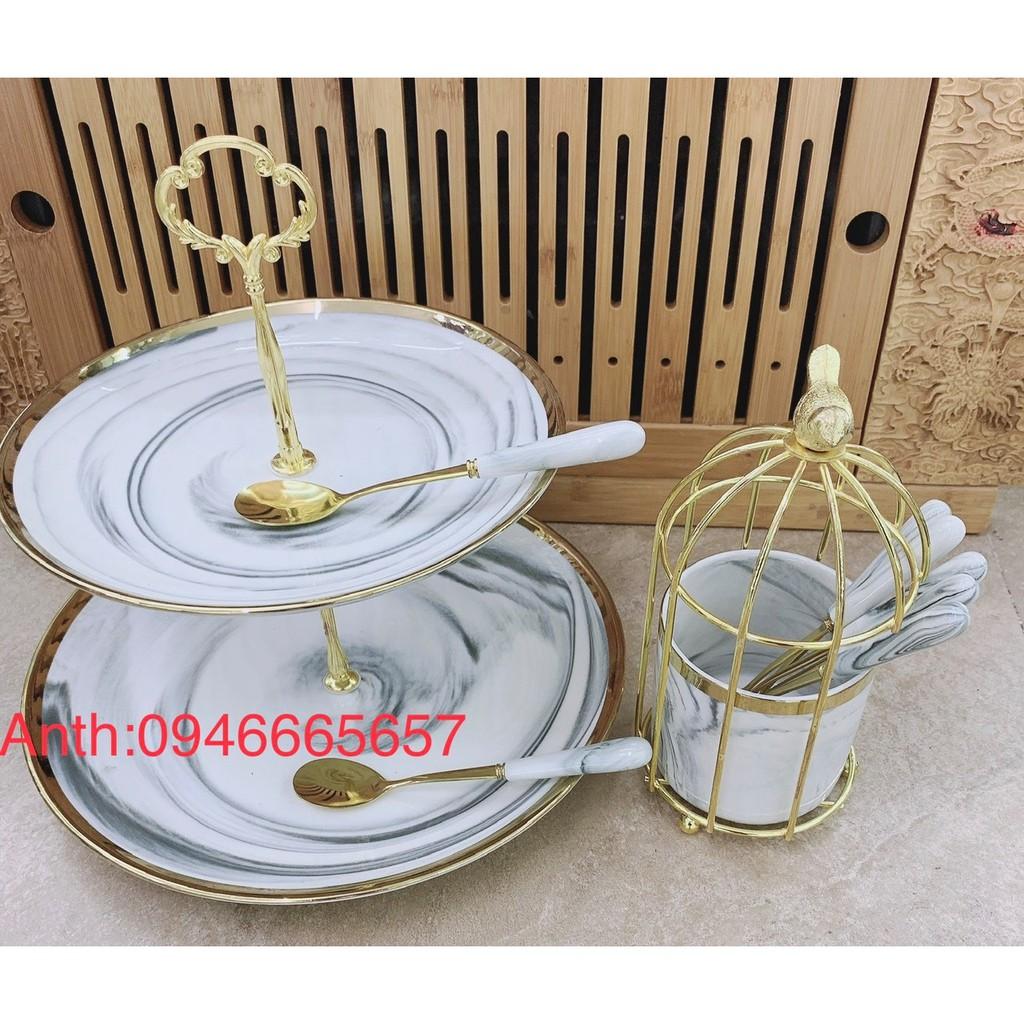 COMBO KHAY ĐỰNG MỨT TẾT BÁNH KẸO HOA QUẢ 2 TẦNG SỨ TRẮNG VÂN XÁM KÈM GIỎ VÀ 6 THÌA