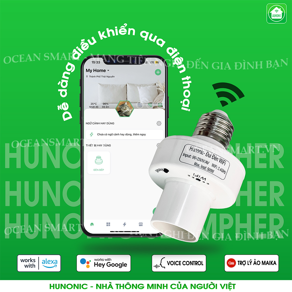 Đui Đèn Wifi Hunonic, Đui Đèn Hẹn Giờ, Điều Khiển Bằng Điện Thoại - HNSPWF