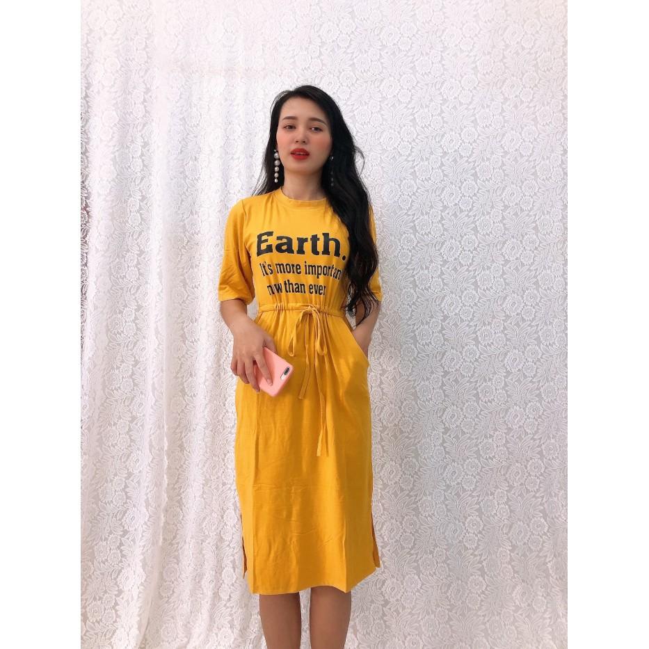 Đầm suông thun rút eo, xẻ tà