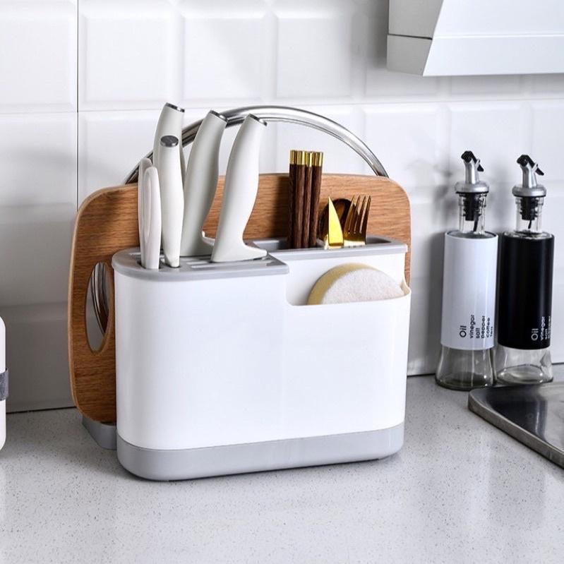 Sỉ 37k -Kệ đựng dao thớt hộp ống đũa gài thìa muỗm có giá để úp thớt nắp vung khay hứng nước tiện dụng